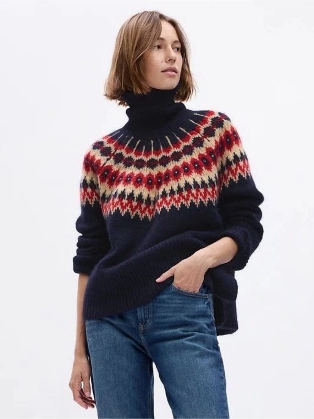 Gap Sweater 24/7 Split-Hem Fair Isle XL Navy Blue Turtleneck